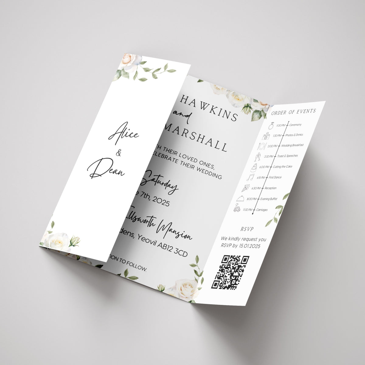 White Roses Floral Gatefold Wedding Invitations