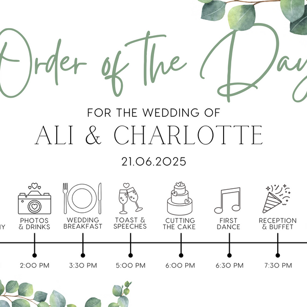 wedding order of the day sign featuring eucalyptus foliage