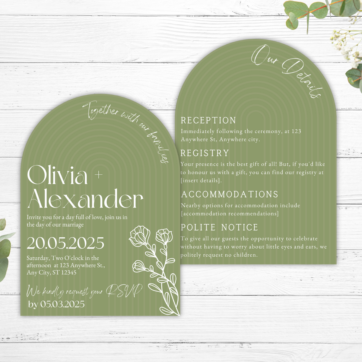 olive green arch wedding invites - affordable wedding invitations personalised