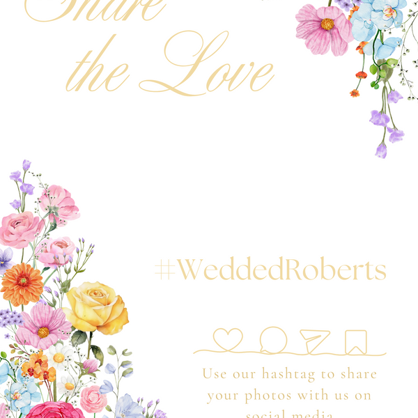 Custom wedding Hashtag Summer Collection features beautiful wedding stationery and signage with gentle summer colours, vibrant florals, and soft butter yellow text – perfect for adding a fresh, romantic feel to your special day.