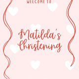 Personalised Christening Welcome Sign – A beautifully designed welcome sign featuring the baby’s name and event details, displayed on an easel at a christening venue.