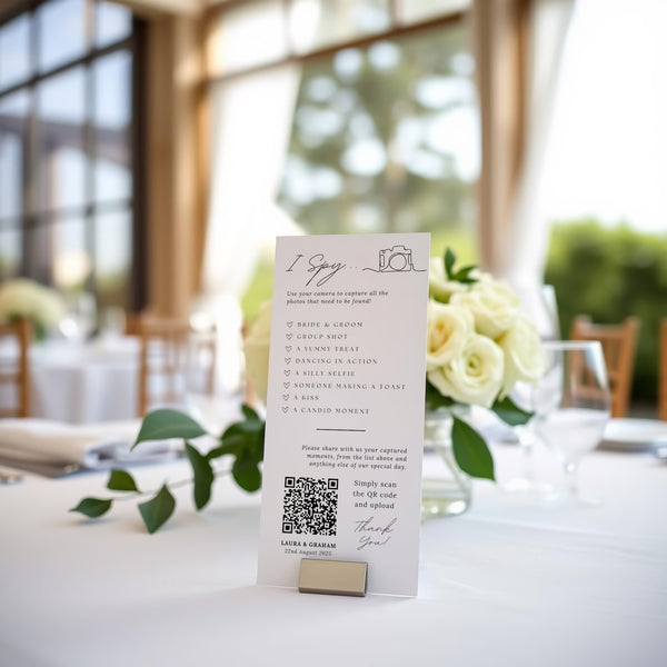 I Spy wedding table photo game - I spy wedding sign table game - photo challenge for wedding guests with QR code upload.