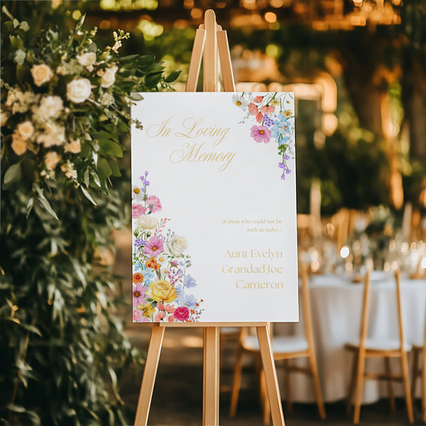 In Loving Memory Table Sign Wedding -Our Summer Collection features beautiful wedding stationery and signage with gentle summer colours, vibrant florals, and soft butter yellow text – perfect for adding a fresh, romantic feel to your special day.