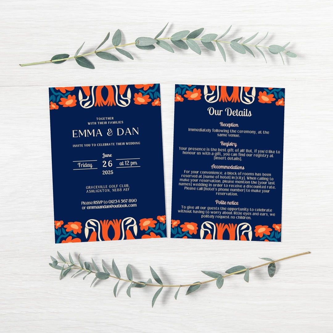 retro navy wedding invitations - affordable personalised wedding invites