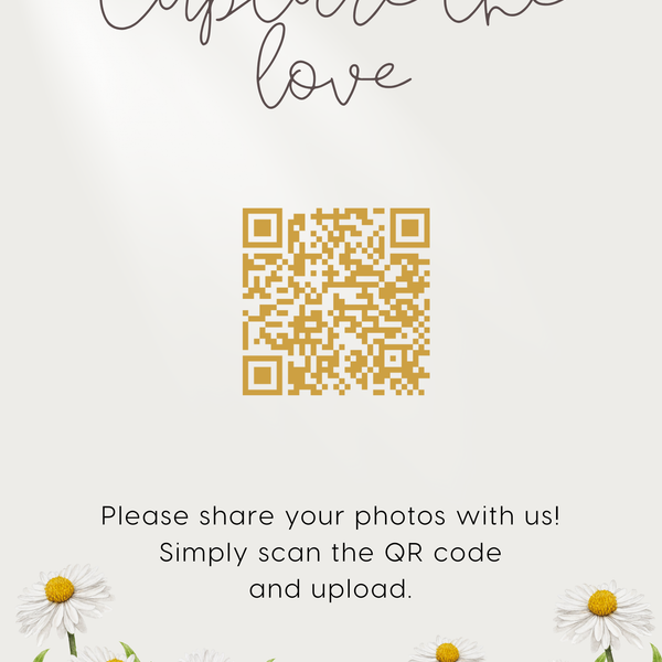 daisy floral photo sharing qr code sign for wedding tables - luxury wedding table signage for guests to share photos