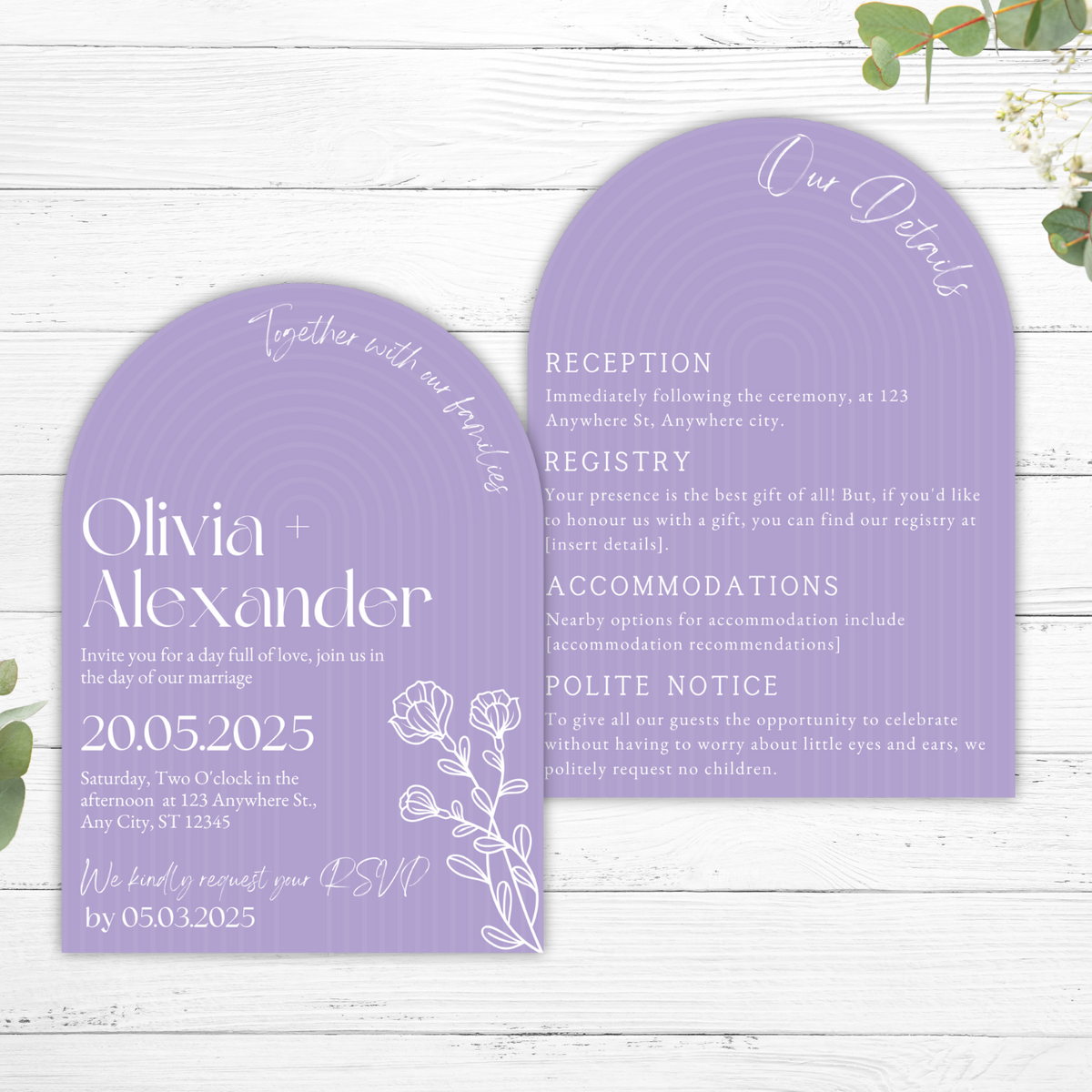 lilac arch wedding invites - affordable wedding invitations personalised