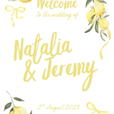 Limoncello wedding welcome sign with lemon watercolour illustrations and yellow script text