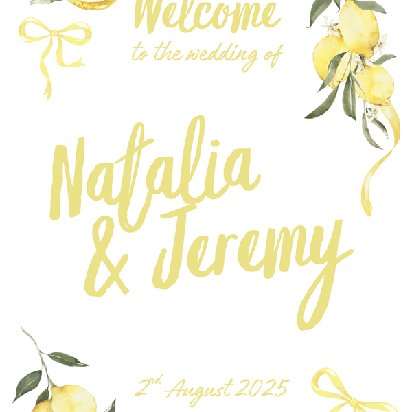Limoncello wedding welcome sign with lemon watercolour illustrations and yellow script text