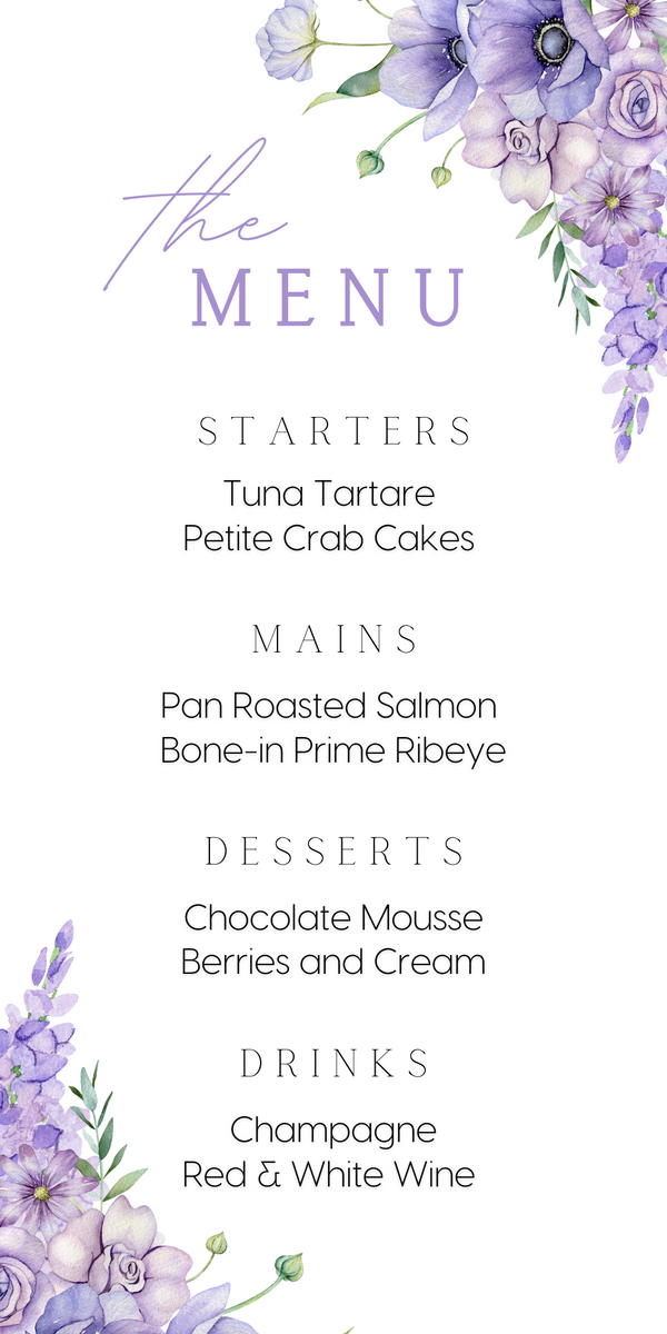 lilac and lavender floral personalised wedding menu - affordable custom wedding menus