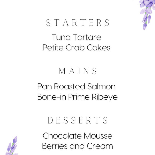 lilac and lavender floral personalised wedding menu - affordable custom wedding menus