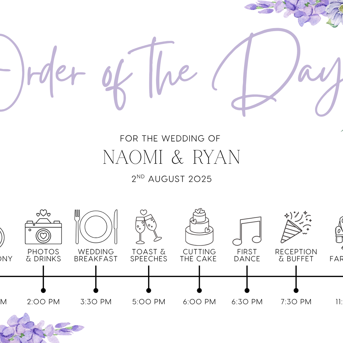lilac floral order of the day board for weddings - a personalised order of events sign, with a crisp white background and sophisticated black text, adorned with lilac and lavender florals.