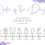 lilac floral order of the day board for weddings - a personalised order of events sign, with a crisp white background and sophisticated black text, adorned with lilac and lavender florals.