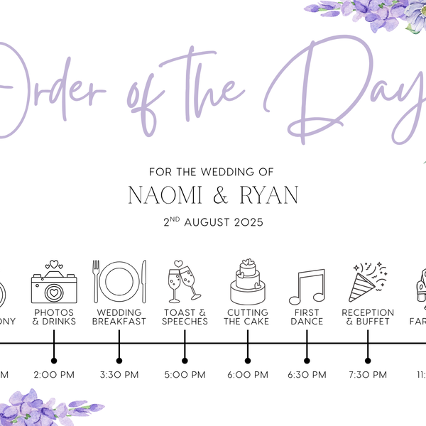 lilac floral order of the day board for weddings - a personalised order of events sign, with a crisp white background and sophisticated black text, adorned with lilac and lavender florals.