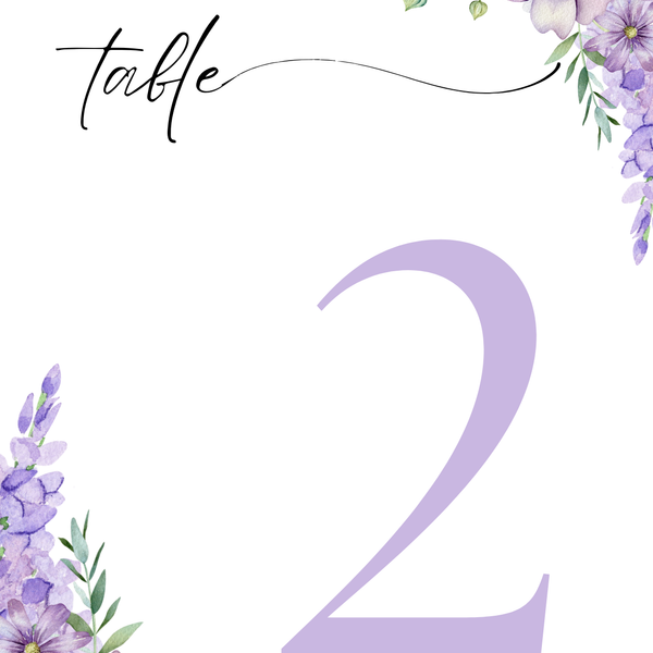 lilac floral table number for wedding tables - luxury wedding table numbers personalised