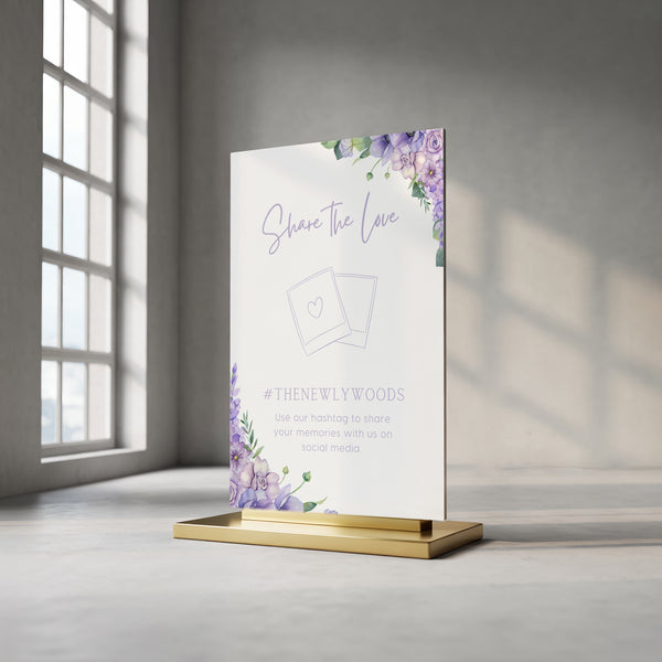 lilac Floral Wedding Hashtag Sign for Reception Display - Personalised wedding hashtag social media sign