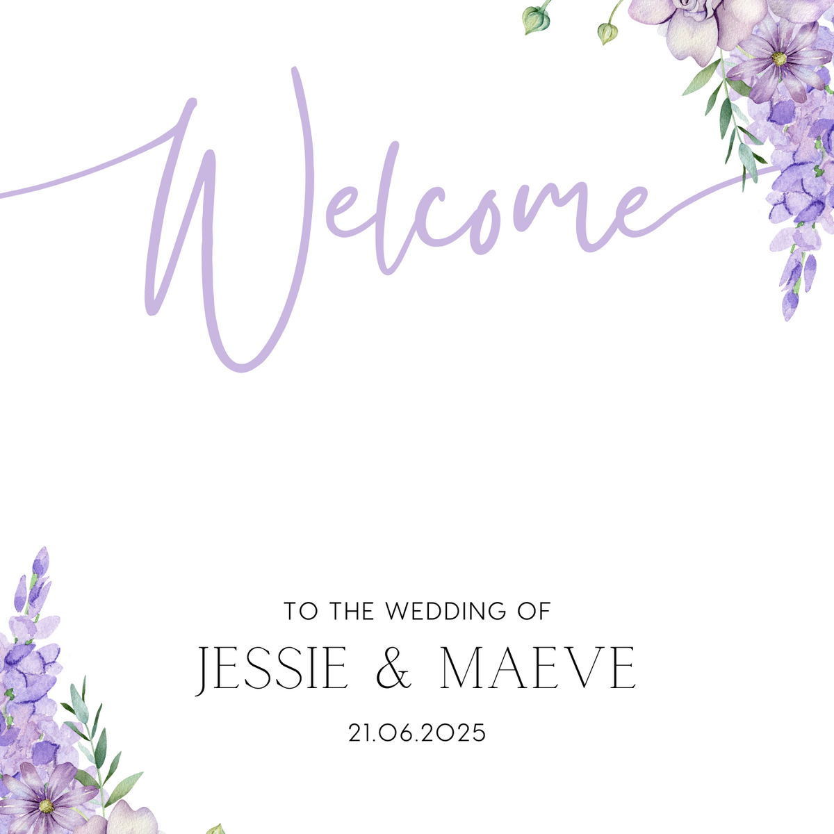 lilac lavender wedding welcome sign portrait - personalised lilac florals wedding welcome board, in an elegant layout and timeless typography, to truly enhance the magic 