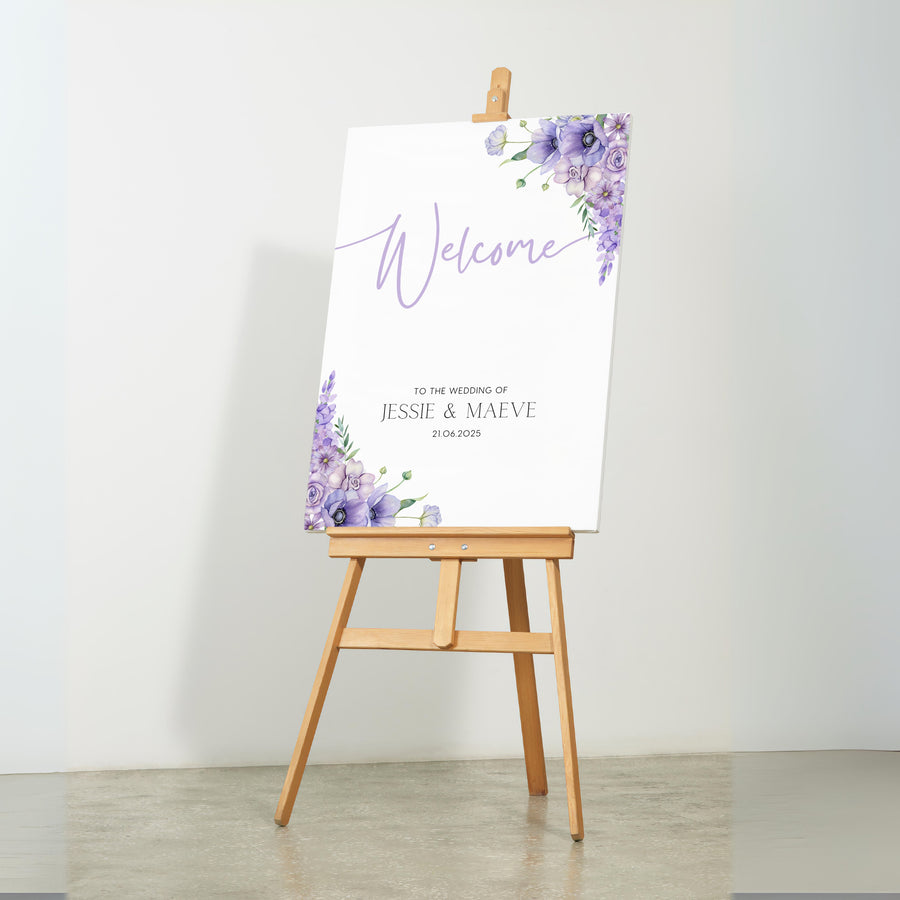 lilac lavender wedding welcome sign portrait - personalised lilac florals wedding welcome board, in an elegant layout and timeless typography, to truly enhance the magic 