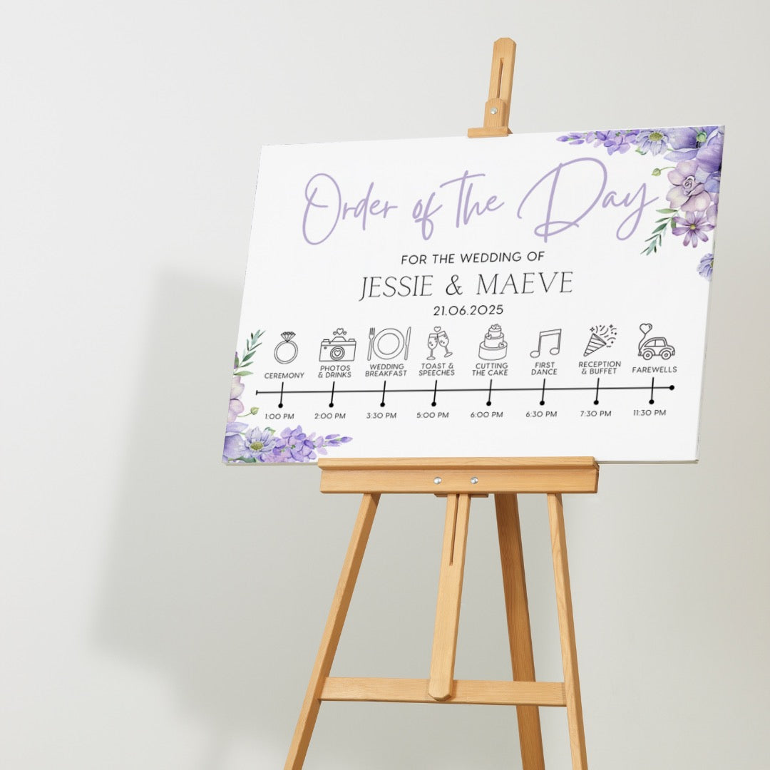 lilac floral order of the day sign for weddings - personalised - customizable