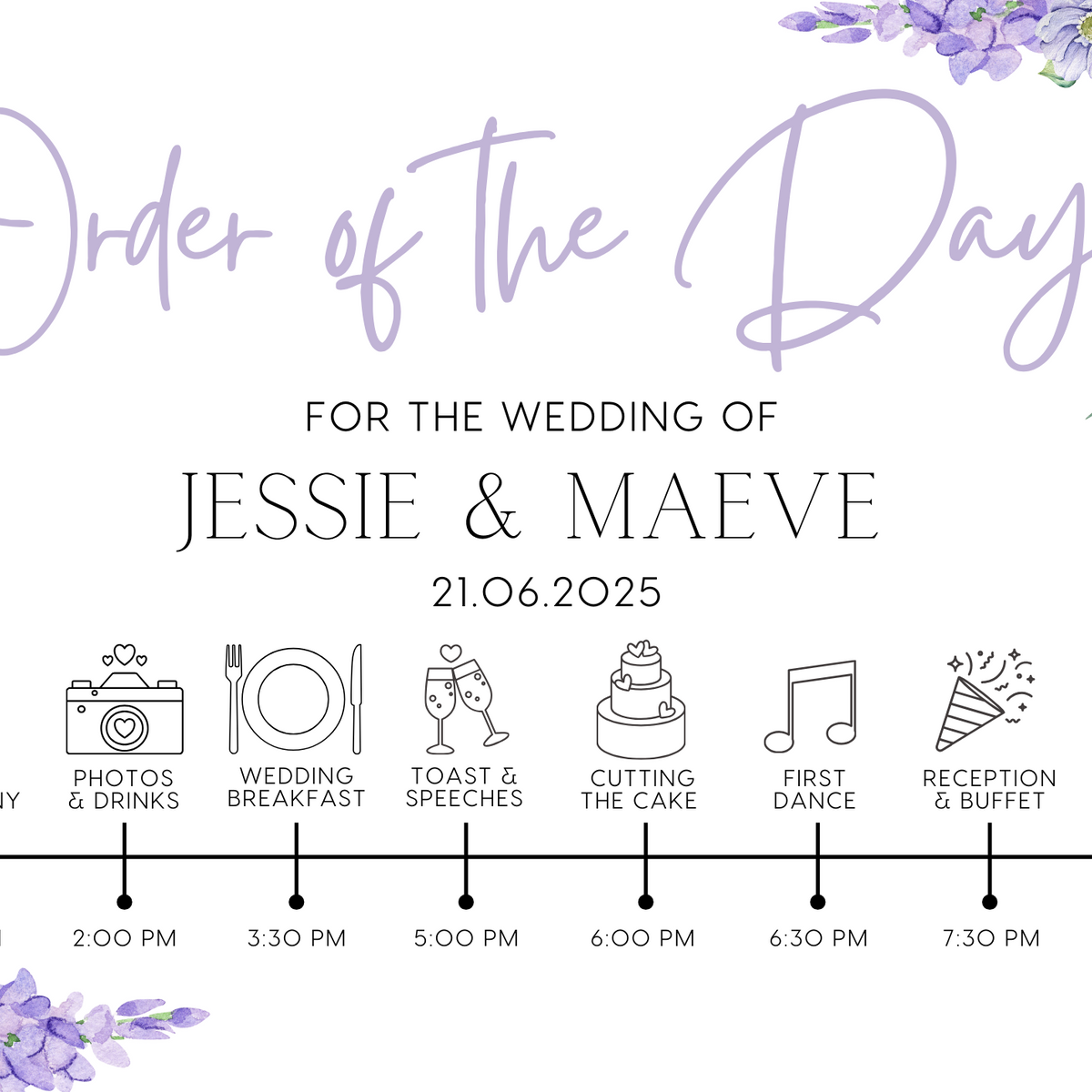 lilac floral order of the day sign for weddings - personalised - customizable