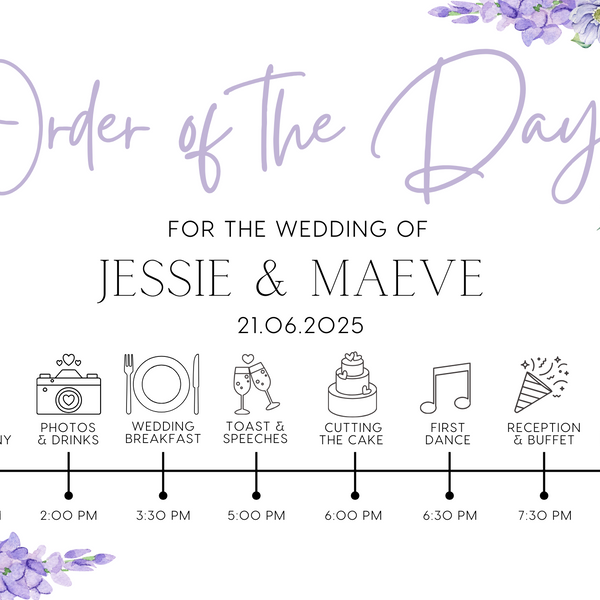 lilac floral order of the day sign for weddings - personalised - customizable