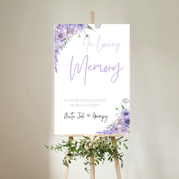 lilac and lavender floral in loving memory table sign - affordable personalised wedding signs