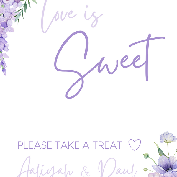 lilac and lavender wedding sweet table sign - personalised love is sweet sign 