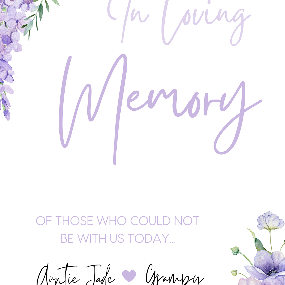 lilac and lavender floral in loving memory table sign - affordable personalised wedding signs