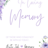 lilac and lavender floral in loving memory table sign - affordable personalised wedding signs