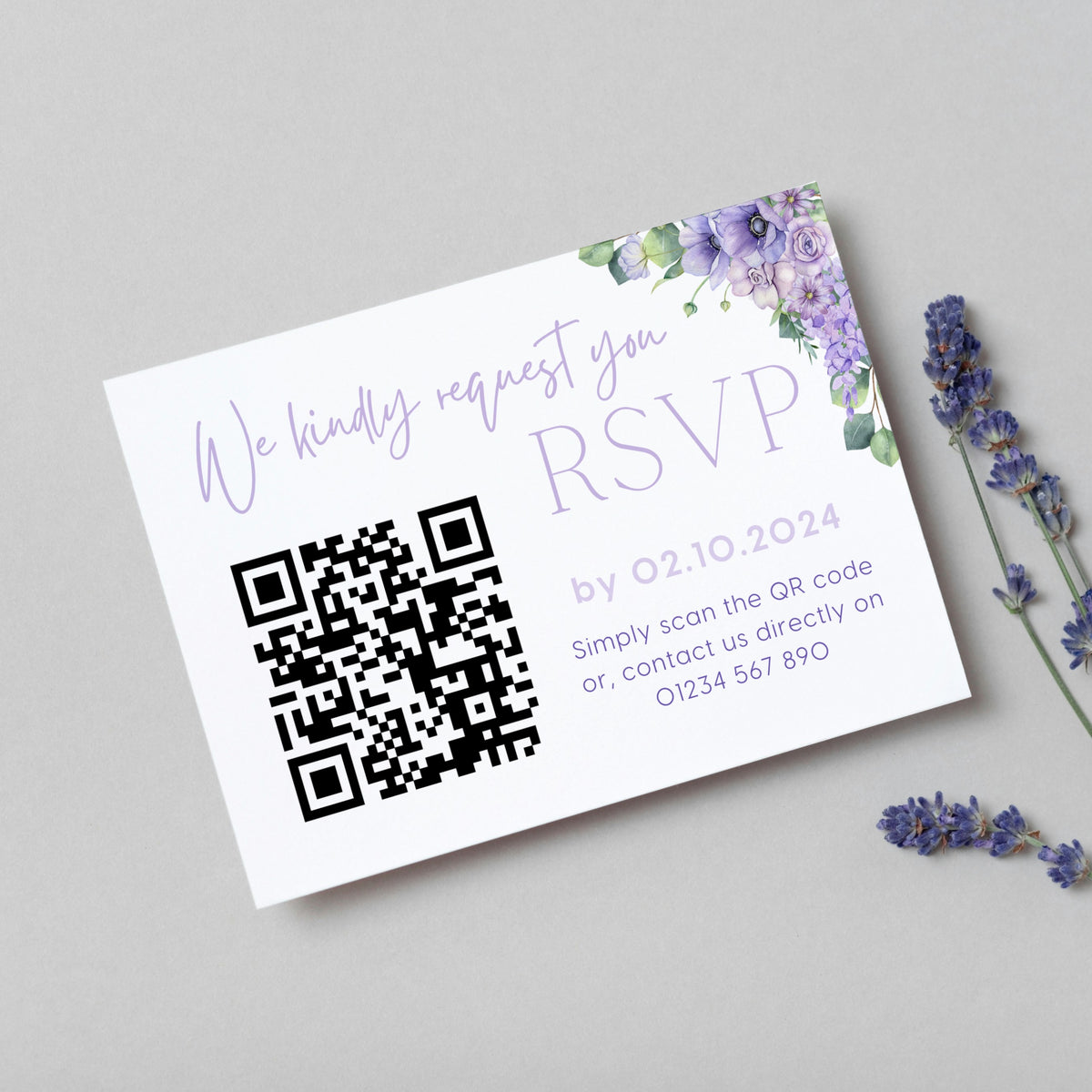 lilac and lavender wedding RSVP with QR - personalised wedding RSVPs invitations