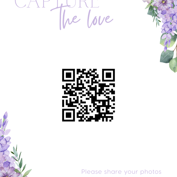 lilac floral photo sharing qr code sign for wedding tables - luxury wedding table signage for guests to share photos