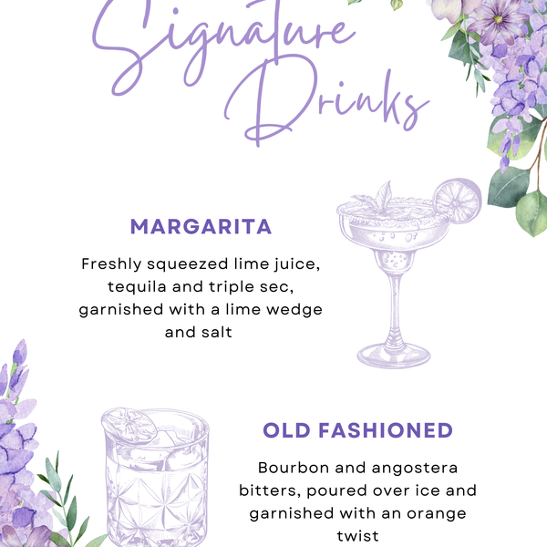 lilac and lavender floral Wedding Signature Drinks Sign - Elegant signature drinks sign personalised