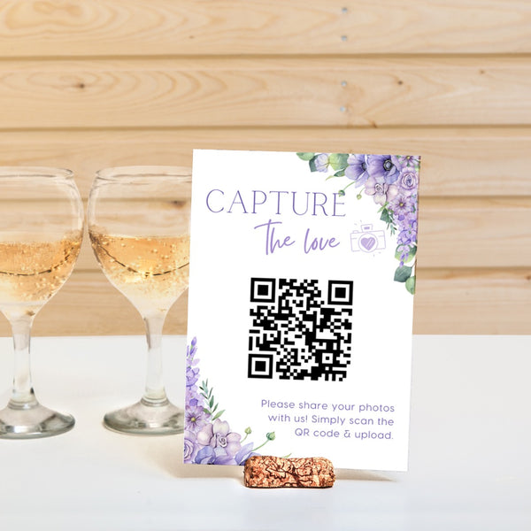 lilac lavender floral guest photo sharing QR code sign - personalised wedding reception sign