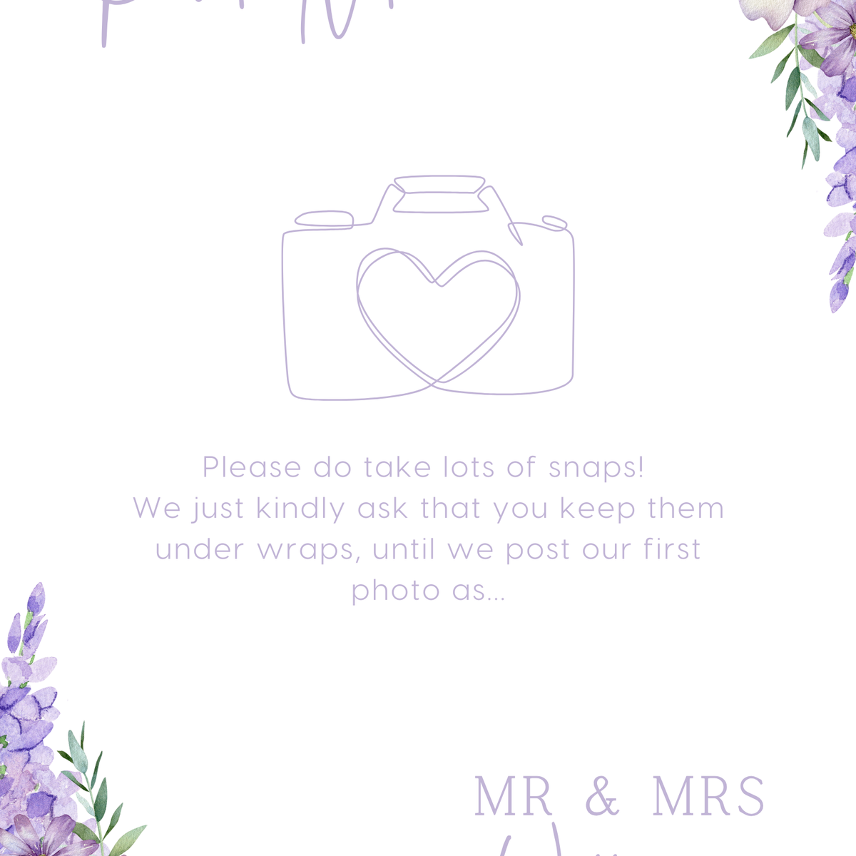 lilac floral polite notice wedding sign - Polite notice card for wedding display - luxury wedding signage