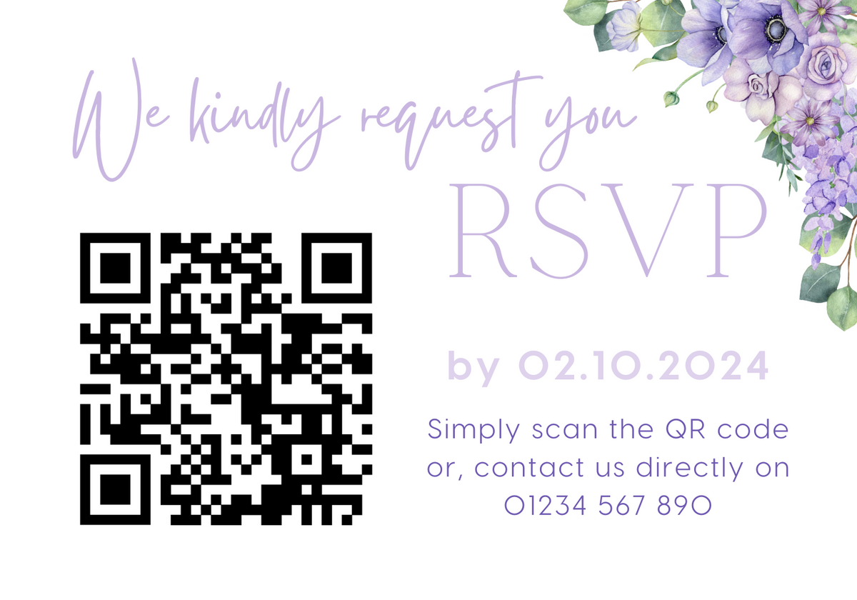 lilac and lavender wedding RSVP with QR - personalised wedding RSVPs invitations