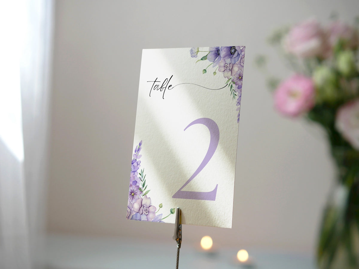 lilac floral table number for wedding tables - luxury wedding table numbers personalised