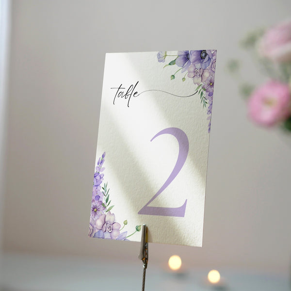 lilac floral table number for wedding tables - luxury wedding table numbers personalised