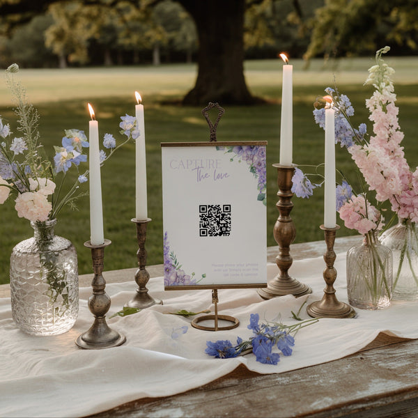 lilac floral photo sharing qr code sign for wedding tables - luxury wedding table signage for guests to share photos