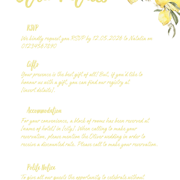 Personalised Limoncello Wedding Invitation 5x7 inch wedding stationery with lemon watercolour illustrations and yellow script text