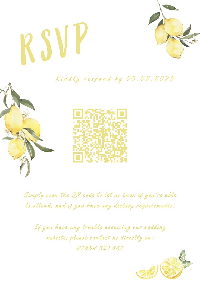 Personalised Limoncello QR code RSVP card A6 wedding stationery with yellow gingham design and playful script