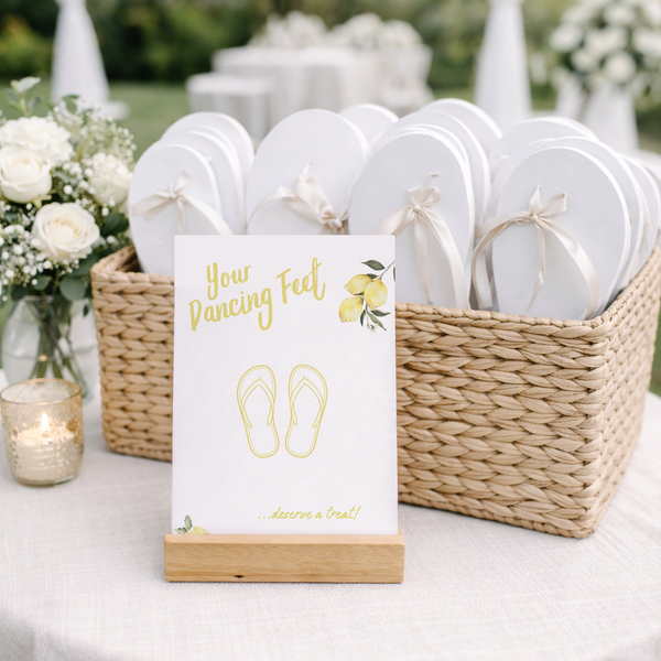 Limoncello wedding flip flops sign with lemon watercolour illustrations and yellow script text