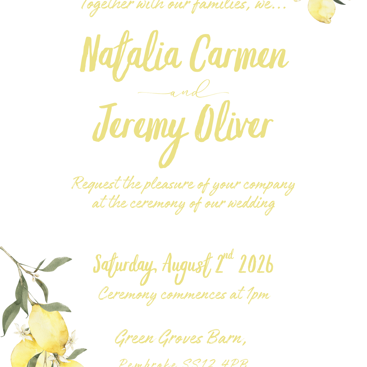 Personalised Limoncello Wedding Invitation 5x7 inch wedding stationery with lemon watercolour illustrations and yellow script text