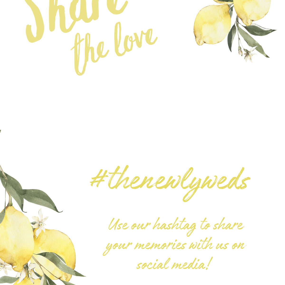Limoncello social media hashtag wedding sign with lemon watercolour illustrations and yellow script text