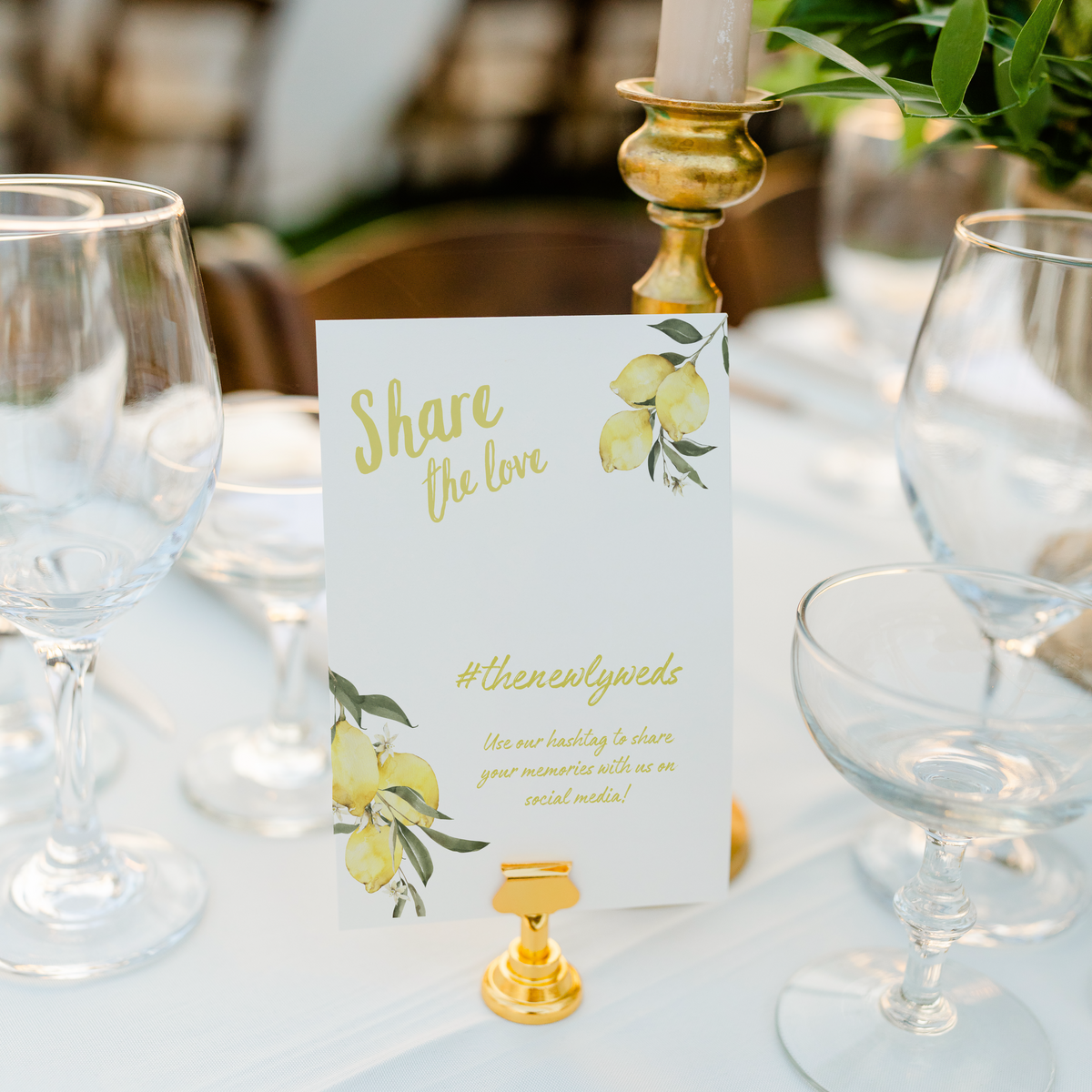 Limoncello social media hashtag wedding sign with lemon watercolour illustrations and yellow script text