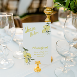 Limoncello social media hashtag wedding sign with lemon watercolour illustrations and yellow script text