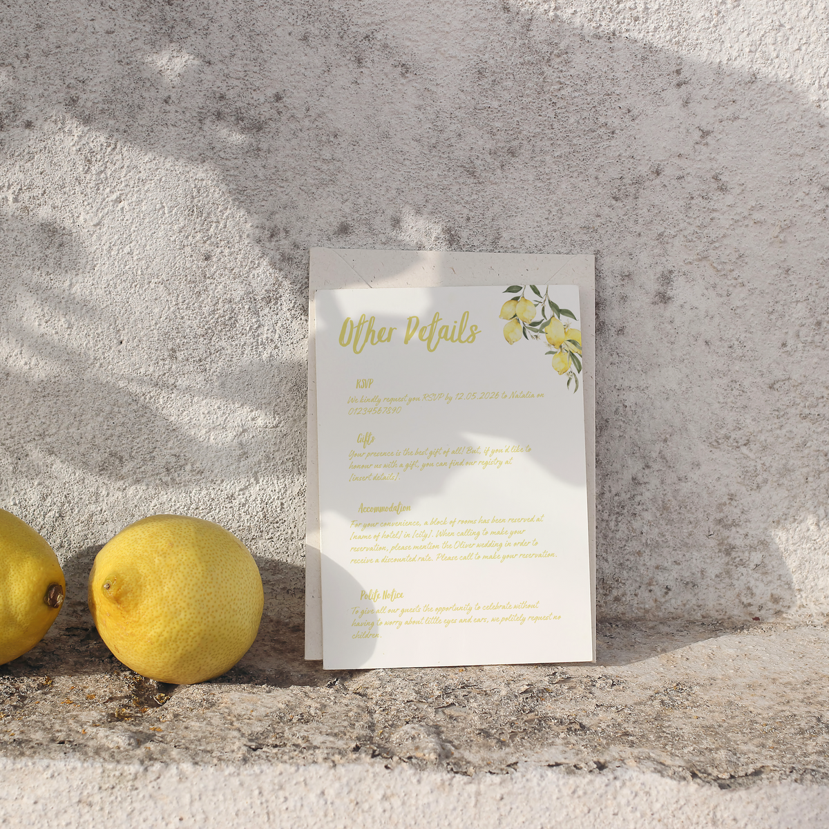 Personalised Limoncello Wedding Invitation 5x7 inch wedding stationery with lemon watercolour illustrations and yellow script text