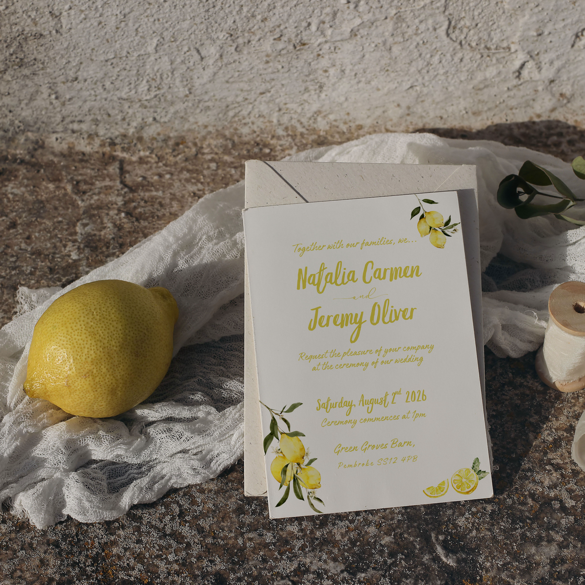 Personalised Limoncello Wedding Invitation 5x7 inch wedding stationery with lemon watercolour illustrations and yellow script text