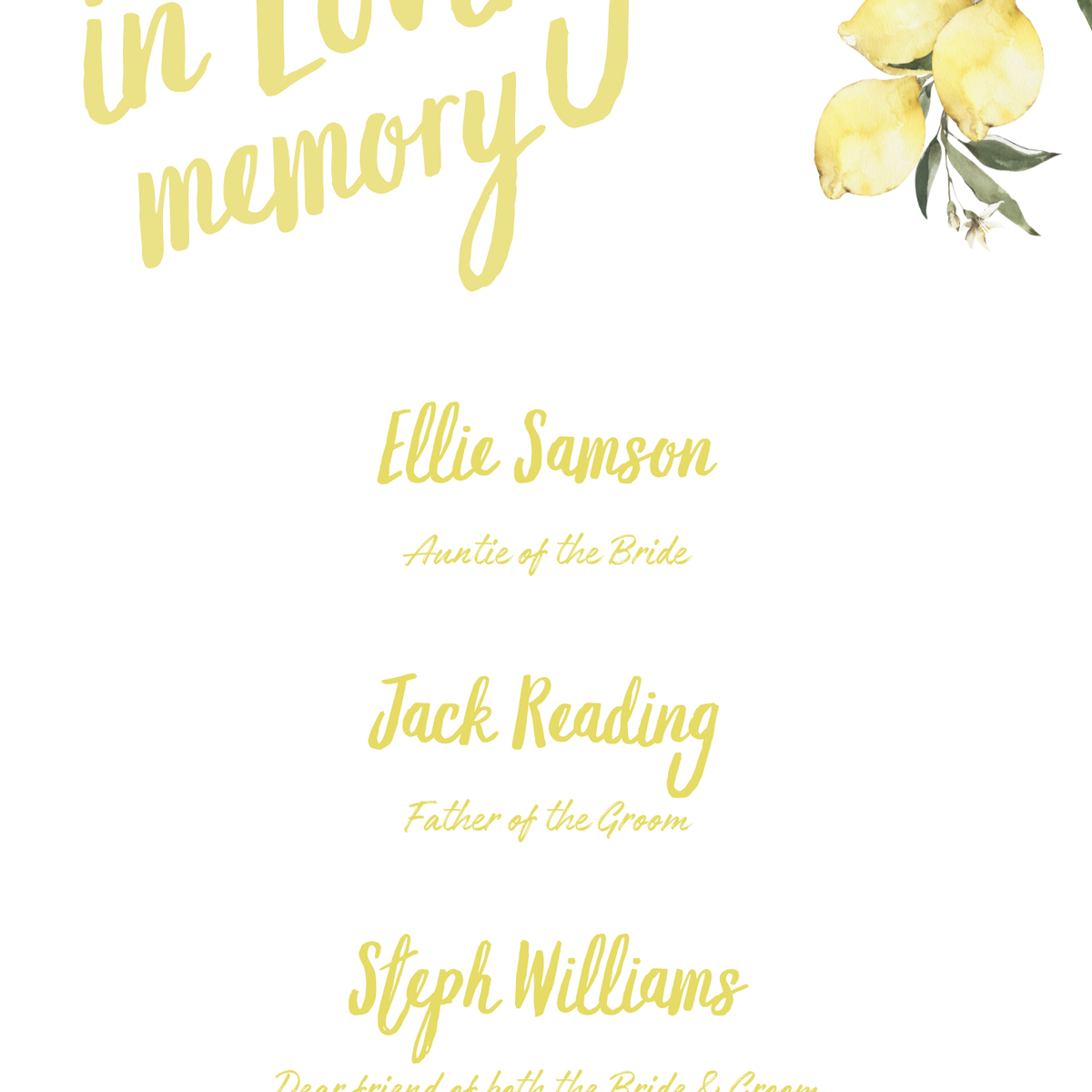 Limoncello in loving memory wedding table sign with lemon watercolour illustrations and yellow script text
