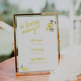 Limoncello in loving memory wedding table sign with lemon watercolour illustrations and yellow script text
