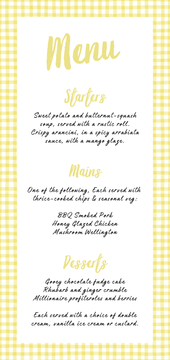 Limoncello wedding menu card with yellow gingham border and playful handwritten script