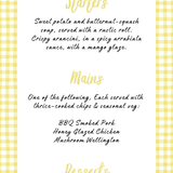 Limoncello wedding menu card with yellow gingham border and playful handwritten script